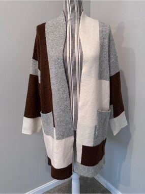 Cozy Co Casual Colorblock Long Open Front Cardigan w Pockets Womens Sz M/L